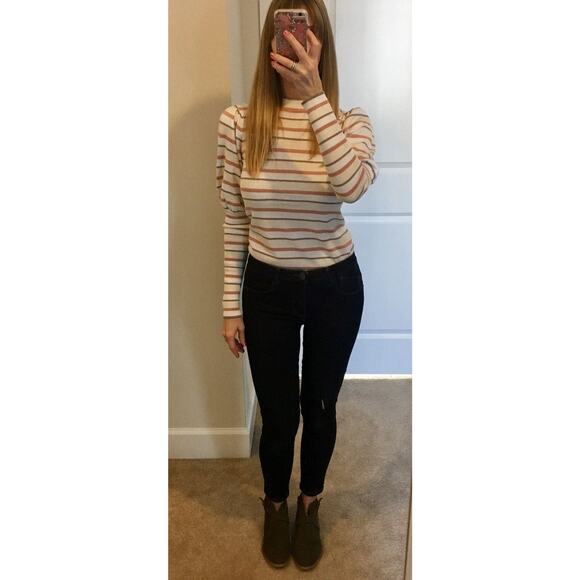 SEE BY CHLOÉ Cream Pink Striped Puff Sleeves Crewneck Sweater Size Medium - Picture 1 of 14